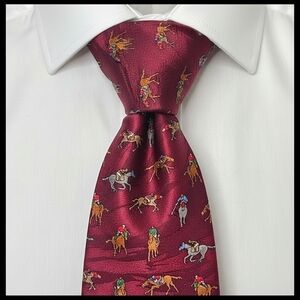 Museum Artifacts 100% Silk Tie Equestrian Polo Horse Derby Racing Burgundy Vtg